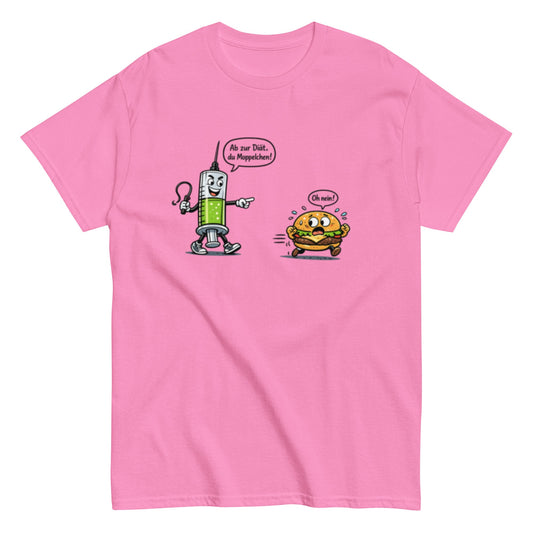 Lustiges Diät T-Shirt – Spritze jagt Burger | Humorvolles Fitness & Ernährung Shirt, Herren, Frauen, Unisex T-Shirt - SprücheKüche - Druckfrisch & frech