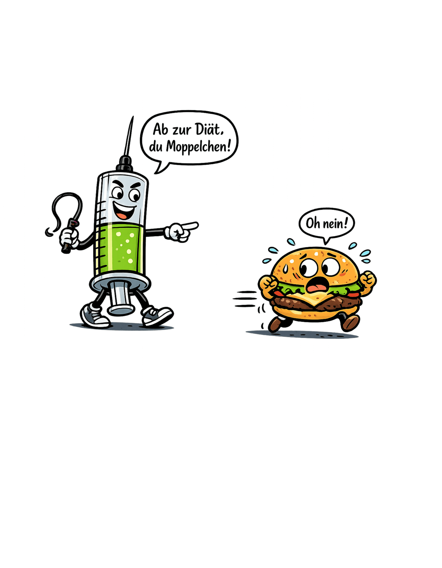 Lustiges Diät T-Shirt – Spritze jagt Burger | Humorvolles Fitness & Ernährung Shirt, Herren, Frauen, Unisex T-Shirt - SprücheKüche - Druckfrisch & frech