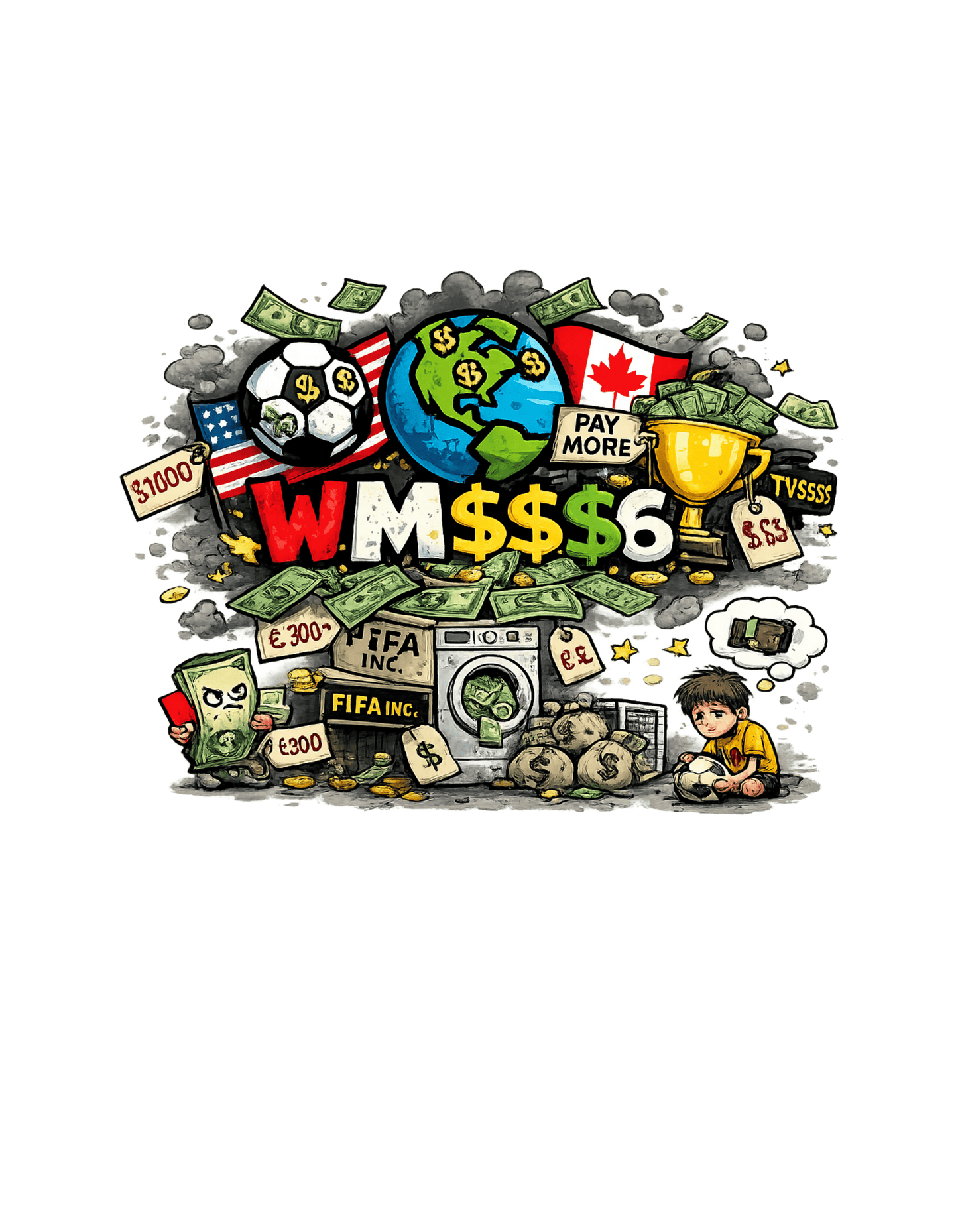 Satirisches WM 2026 T-Shirt Design | Fußball Kritik Shirt | Anti Kommerz Fußball Fanart | Comic Style , Herren, Frauen, Unisex T-Shirt - SprücheKüche - Druckfrisch & frech