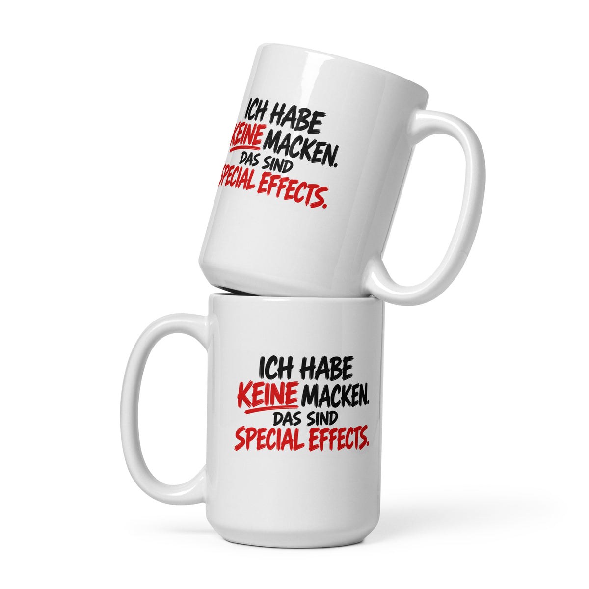 Lustige weiße Keramiktasse mit dem Spruch „Ich habe keine Macken. Das sind Special Effects.“ in schwarzer und roter Brush-Schrift.