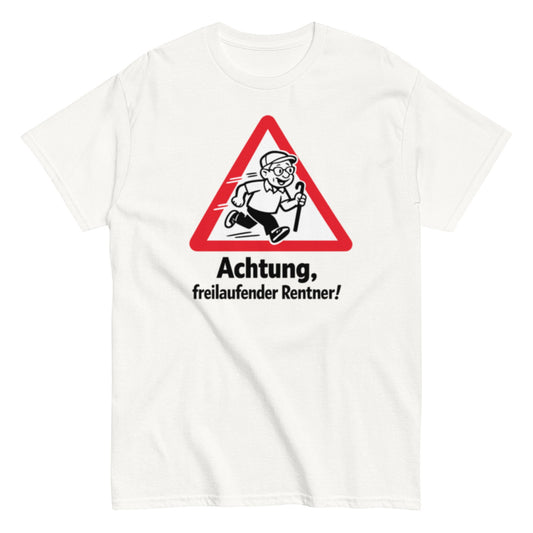 ACHTUNG FREILAUFENDER RENTNER - Lustiges Herren T-Shirt - SprücheKüche - Druckfrisch & frech