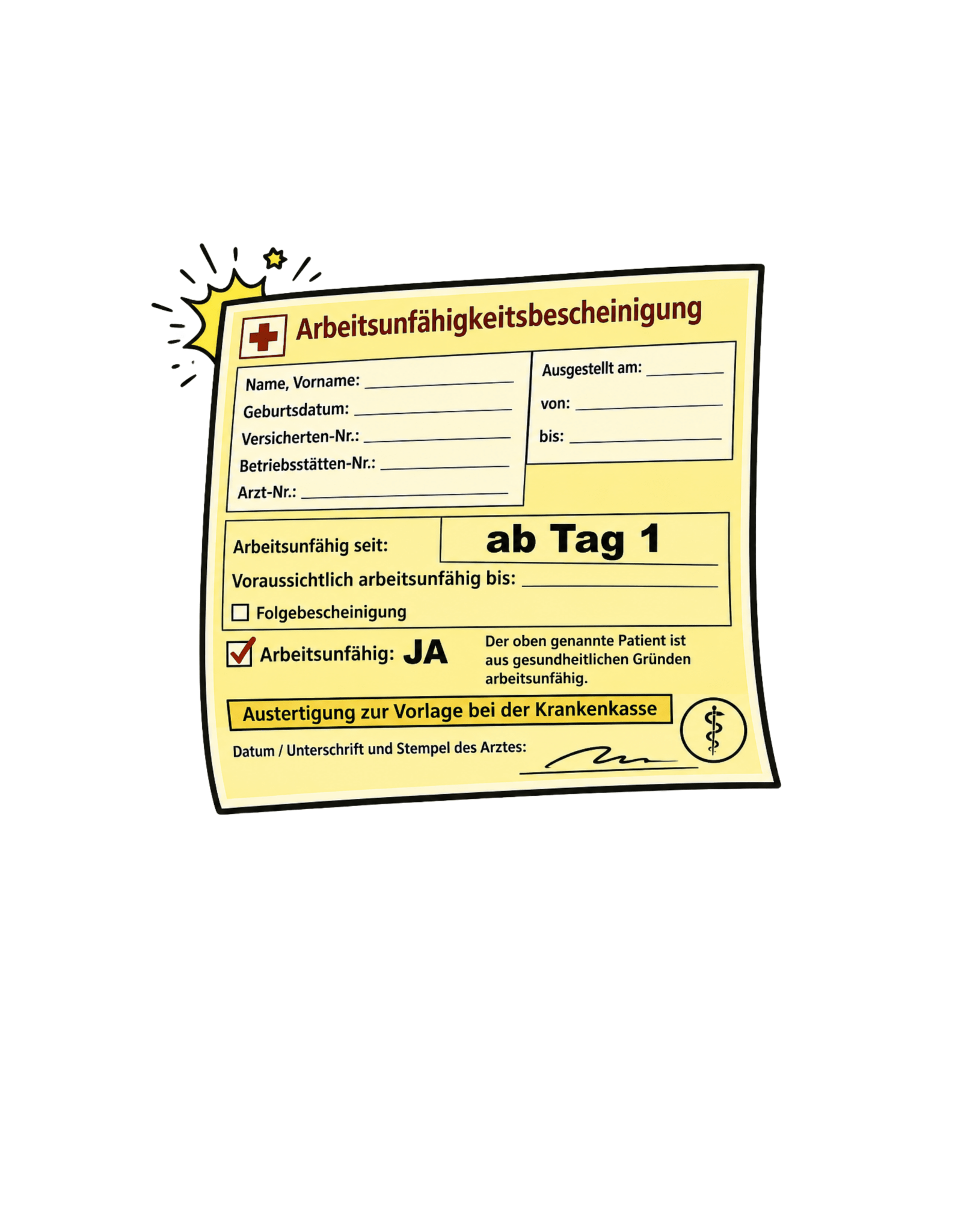 Arbeitsunfähigkeitsbescheinigung ab Tag 1 - Lustiges Unisex T-Shirt - SprücheKüche - Druckfrisch & frech