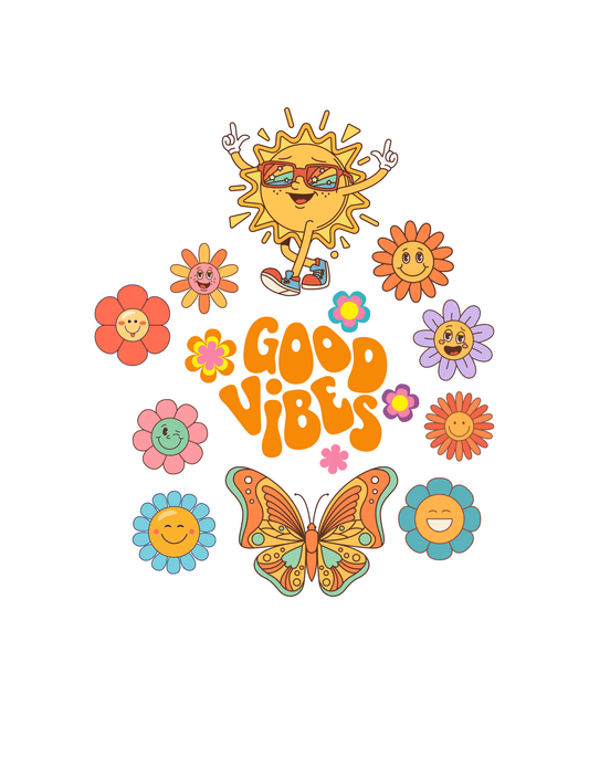 Good Vibes T-Shirt – Retro Sommer Design mit Sonne, Blumen & Butterfly, Herren, Frauen, Unisex T-Shirt - SprücheKüche - Druckfrisch & frech