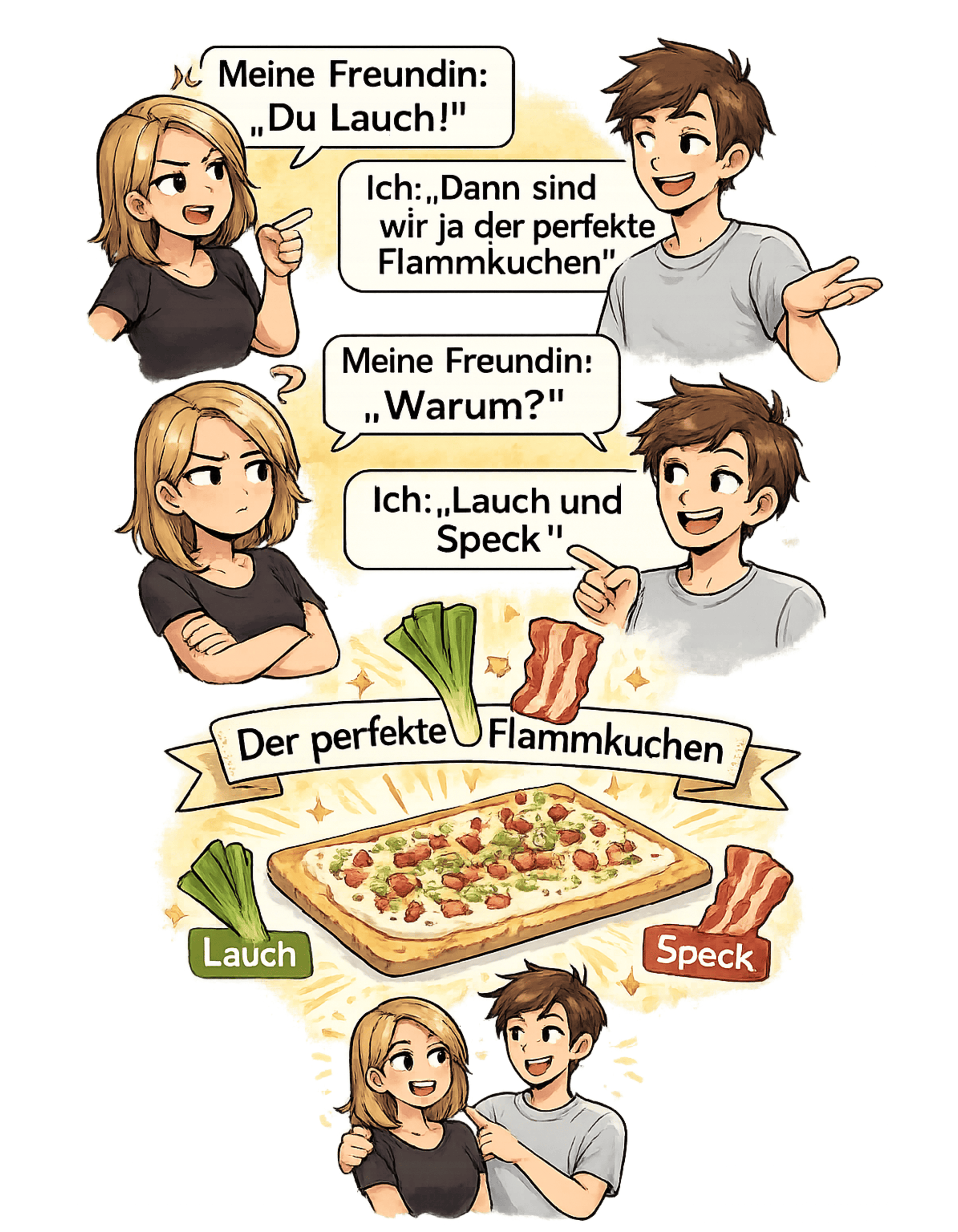Lauch und Speck T-Shirt – Lustiges Flammkuchen Wortspiel Shirt – Sarkastisches Paar Geschenk, Herren, Frauen, Unisex T-Shirt - SprücheKüche - Druckfrisch & frech