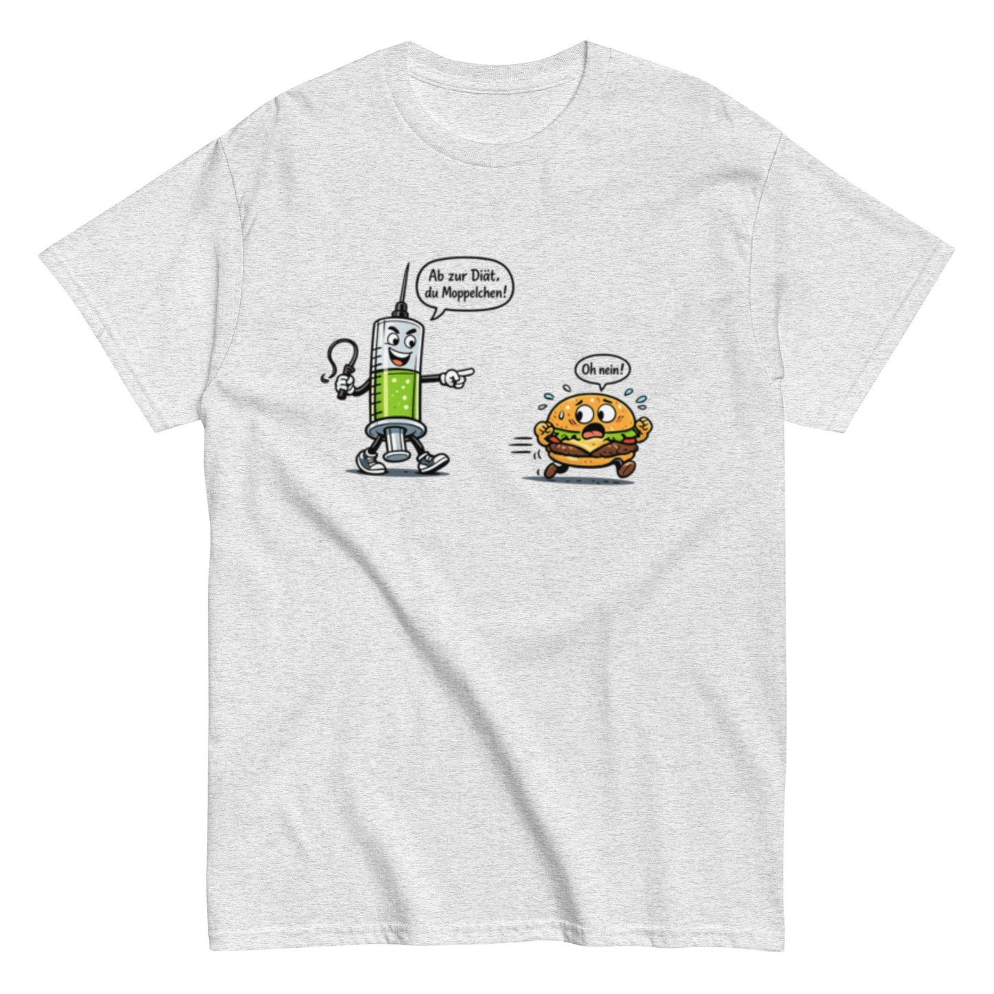 Lustiges Diät T-Shirt – Spritze jagt Burger | Humorvolles Fitness & Ernährung Shirt, Herren, Frauen, Unisex T-Shirt - SprücheKüche - Druckfrisch & frech