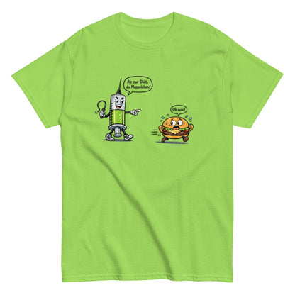 Lustiges Diät T-Shirt – Spritze jagt Burger | Humorvolles Fitness & Ernährung Shirt, Herren, Frauen, Unisex T-Shirt - SprücheKüche - Druckfrisch & frech