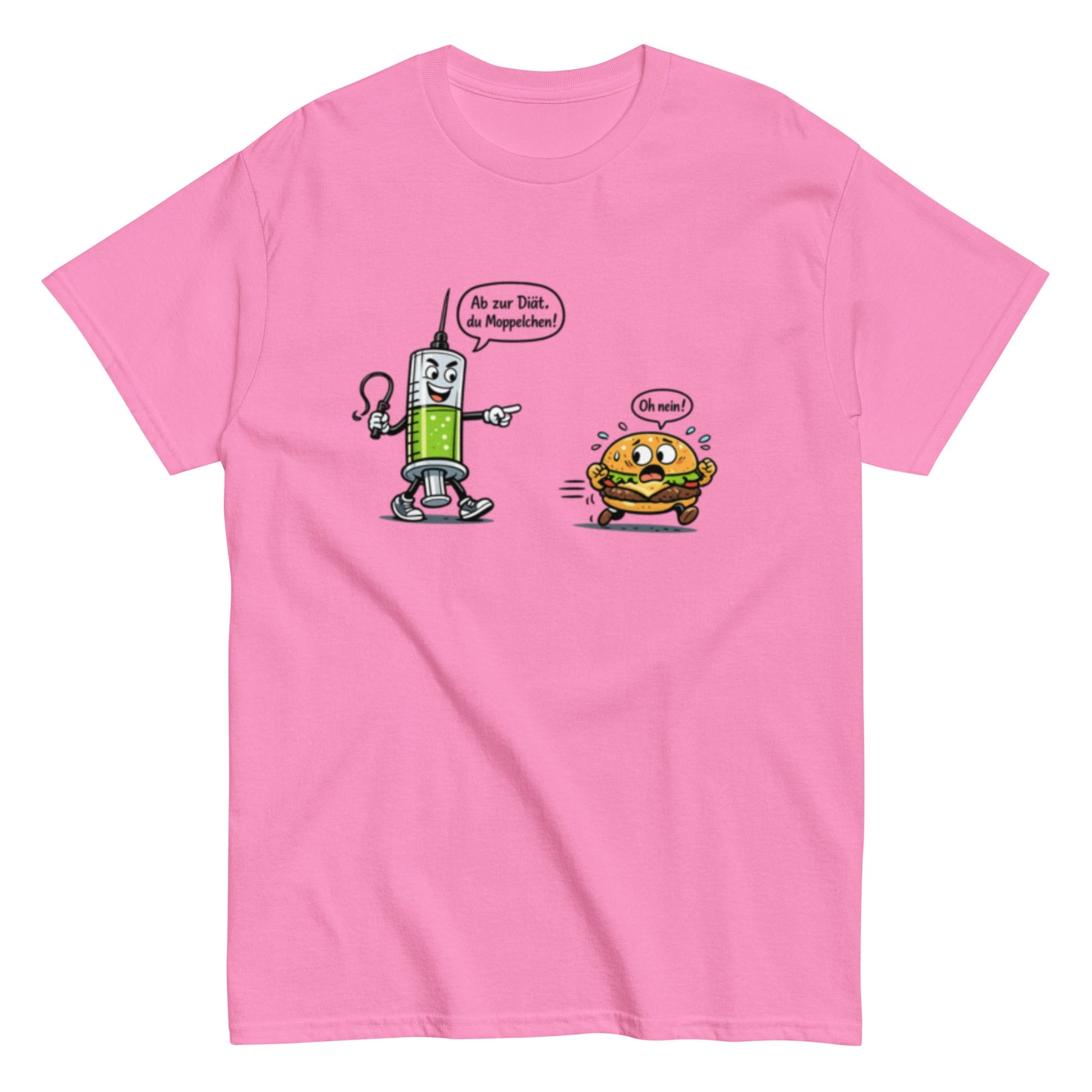 Lustiges Diät T-Shirt – Spritze jagt Burger | Humorvolles Fitness & Ernährung Shirt, Herren, Frauen, Unisex T-Shirt - SprücheKüche - Druckfrisch & frech