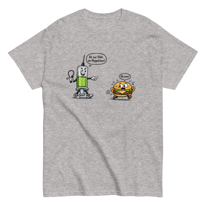 Lustiges Diät T-Shirt – Spritze jagt Burger | Humorvolles Fitness & Ernährung Shirt, Herren, Frauen, Unisex T-Shirt - SprücheKüche - Druckfrisch & frech
