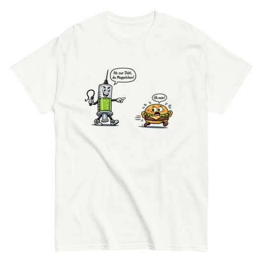 Lustiges Diät T-Shirt – Spritze jagt Burger | Humorvolles Fitness & Ernährung Shirt, Herren, Frauen, Unisex T-Shirt - SprücheKüche - Druckfrisch & frech