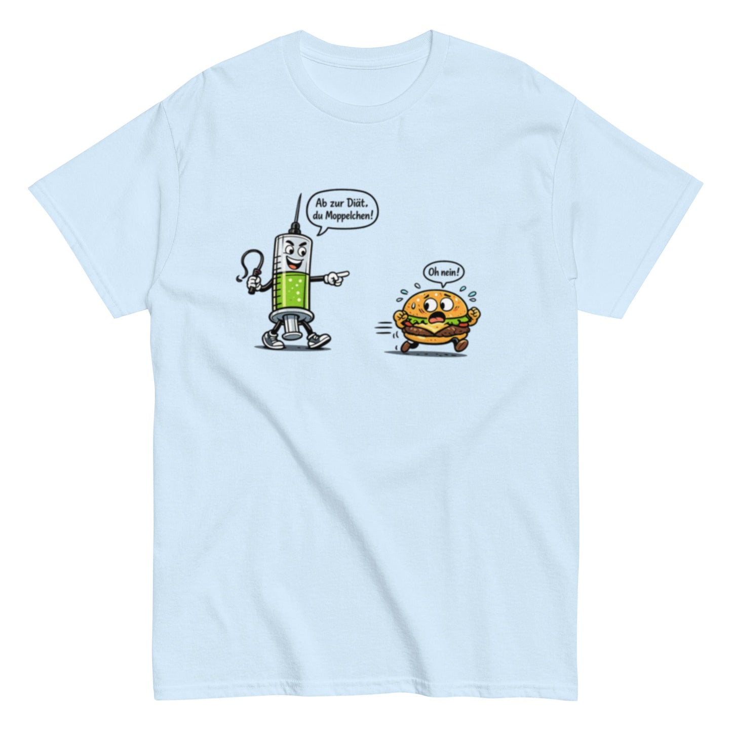 Lustiges Diät T-Shirt – Spritze jagt Burger | Humorvolles Fitness & Ernährung Shirt, Herren, Frauen, Unisex T-Shirt - SprücheKüche - Druckfrisch & frech