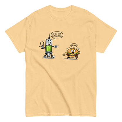 Lustiges Diät T-Shirt – Spritze jagt Burger | Humorvolles Fitness & Ernährung Shirt, Herren, Frauen, Unisex T-Shirt - SprücheKüche - Druckfrisch & frech