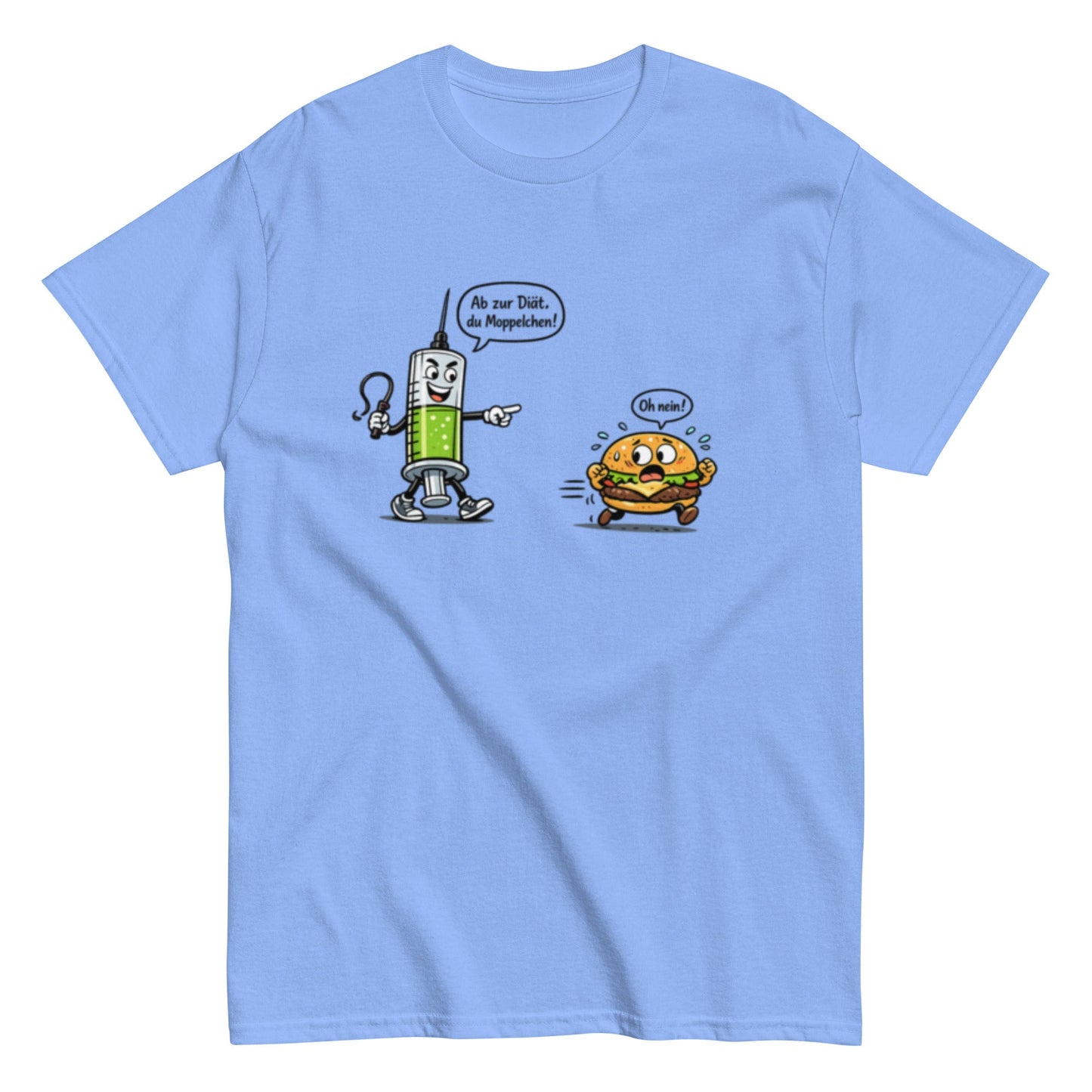 Lustiges Diät T-Shirt – Spritze jagt Burger | Humorvolles Fitness & Ernährung Shirt, Herren, Frauen, Unisex T-Shirt - SprücheKüche - Druckfrisch & frech