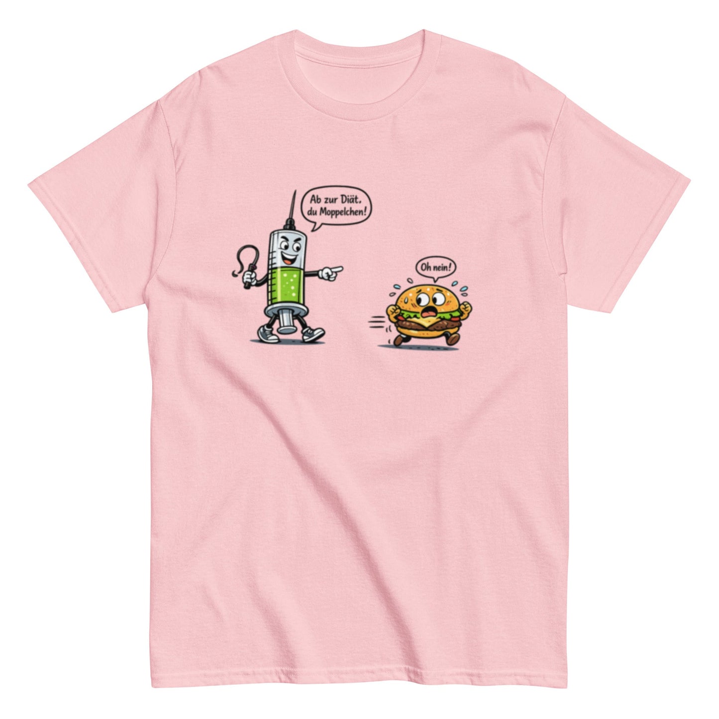 Lustiges Diät T-Shirt – Spritze jagt Burger | Humorvolles Fitness & Ernährung Shirt, Herren, Frauen, Unisex T-Shirt - SprücheKüche - Druckfrisch & frech