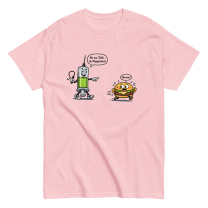 Lustiges Diät T-Shirt – Spritze jagt Burger | Humorvolles Fitness & Ernährung Shirt, Herren, Frauen, Unisex T-Shirt - SprücheKüche - Druckfrisch & frech