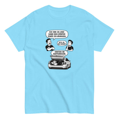 Lustiges T-Shirt „Ich bin 35 und habe den Körper eines 20 - Jährigen“ – Humor Spruch Shirt – Geschenk für Männer & Frauen, Unisex T-Shirt - SprücheKüche - Druckfrisch & frech