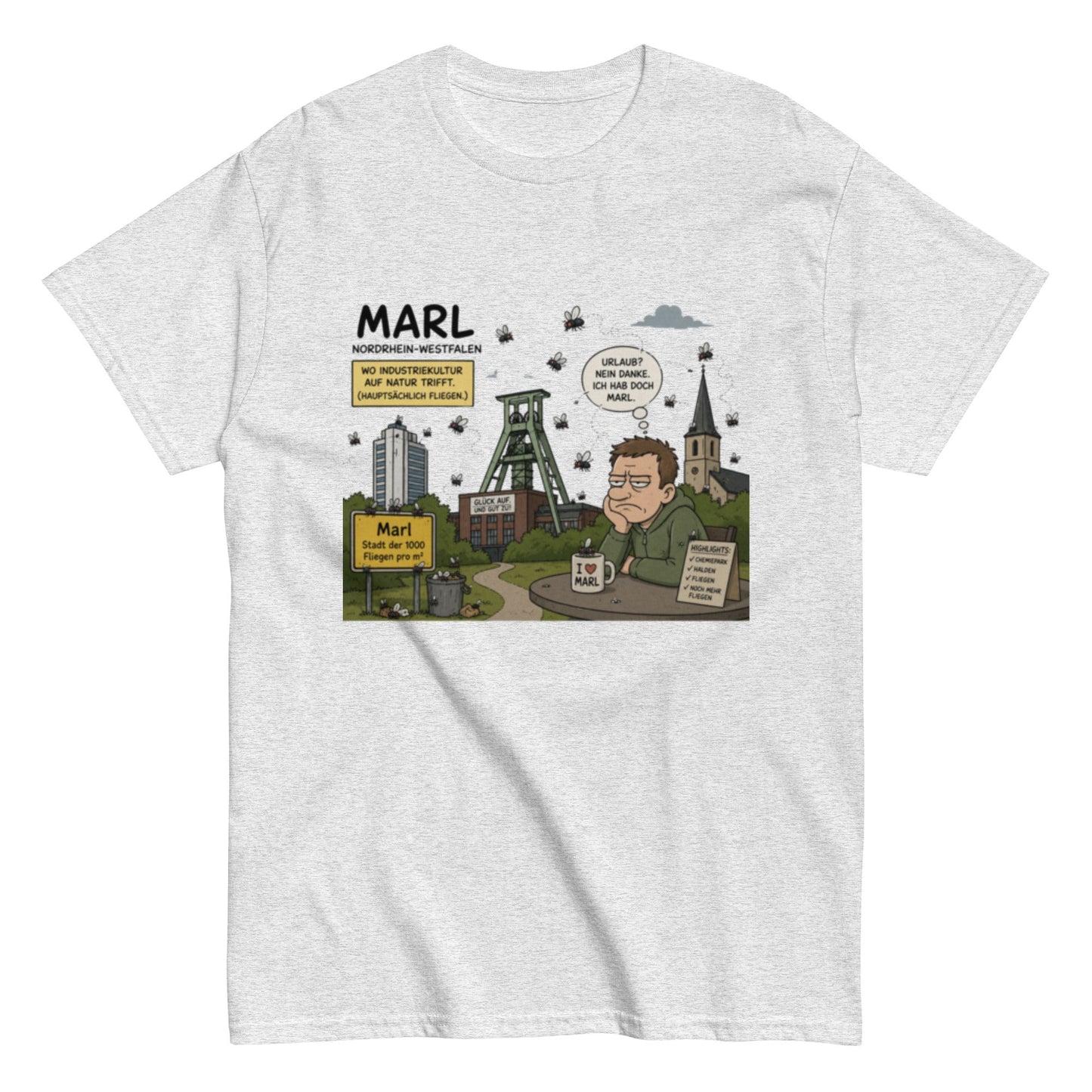 Marl Fliegenplage T-Shirt – Sarkastisches Ruhrpott Comic Design aus NRW, Herren, Frauen, Unisex T-Shirt - SprücheKüche - Druckfrisch & frech