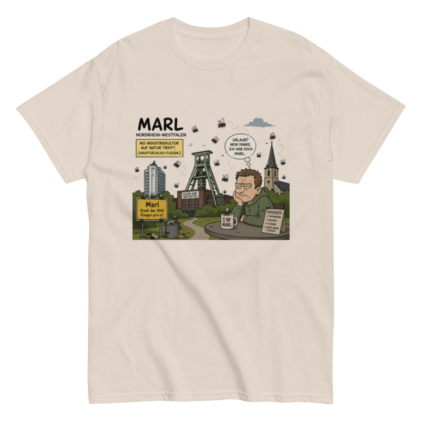 Marl Fliegenplage T-Shirt – Sarkastisches Ruhrpott Comic Design aus NRW, Herren, Frauen, Unisex T-Shirt - SprücheKüche - Druckfrisch & frech