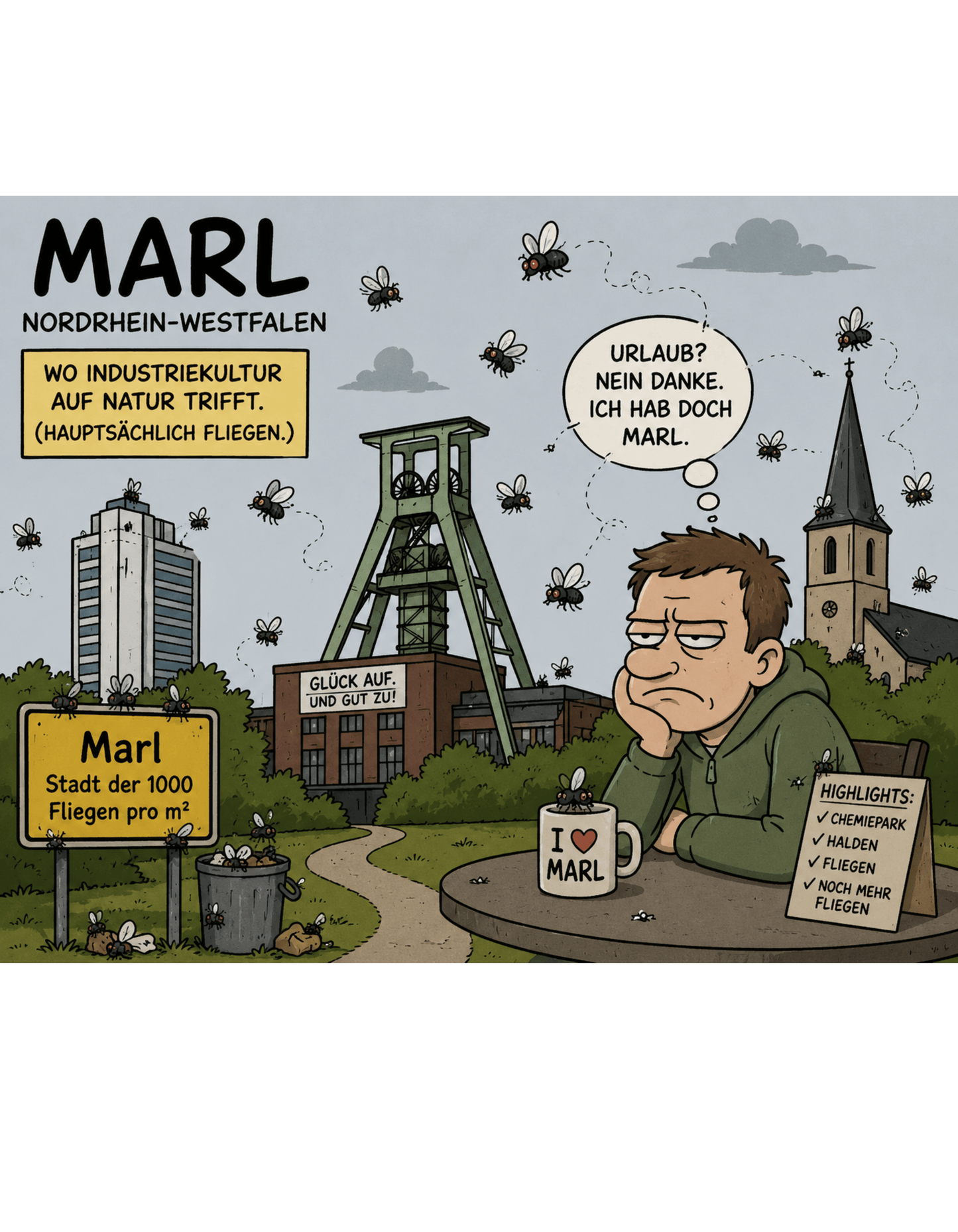 Marl Fliegenplage T-Shirt – Sarkastisches Ruhrpott Comic Design aus NRW, Herren, Frauen, Unisex T-Shirt - SprücheKüche - Druckfrisch & frech