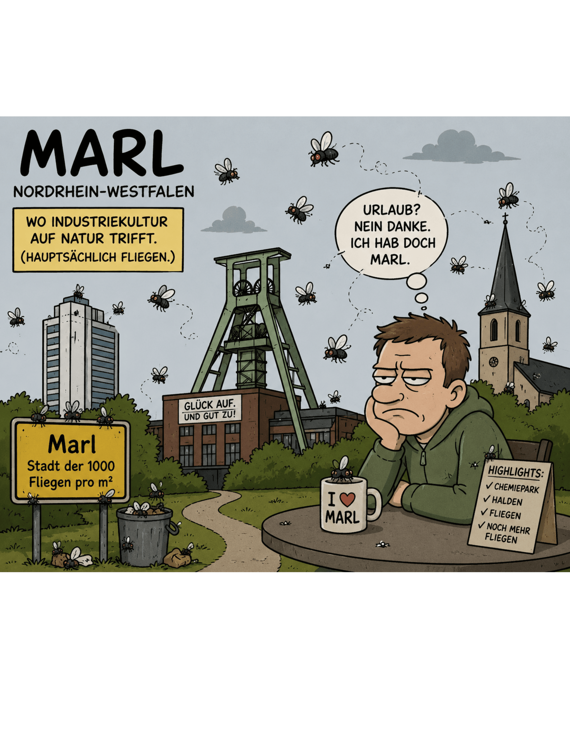 Marl Fliegenplage T-Shirt – Sarkastisches Ruhrpott Comic Design aus NRW, Herren, Frauen, Unisex T-Shirt - SprücheKüche - Druckfrisch & frech