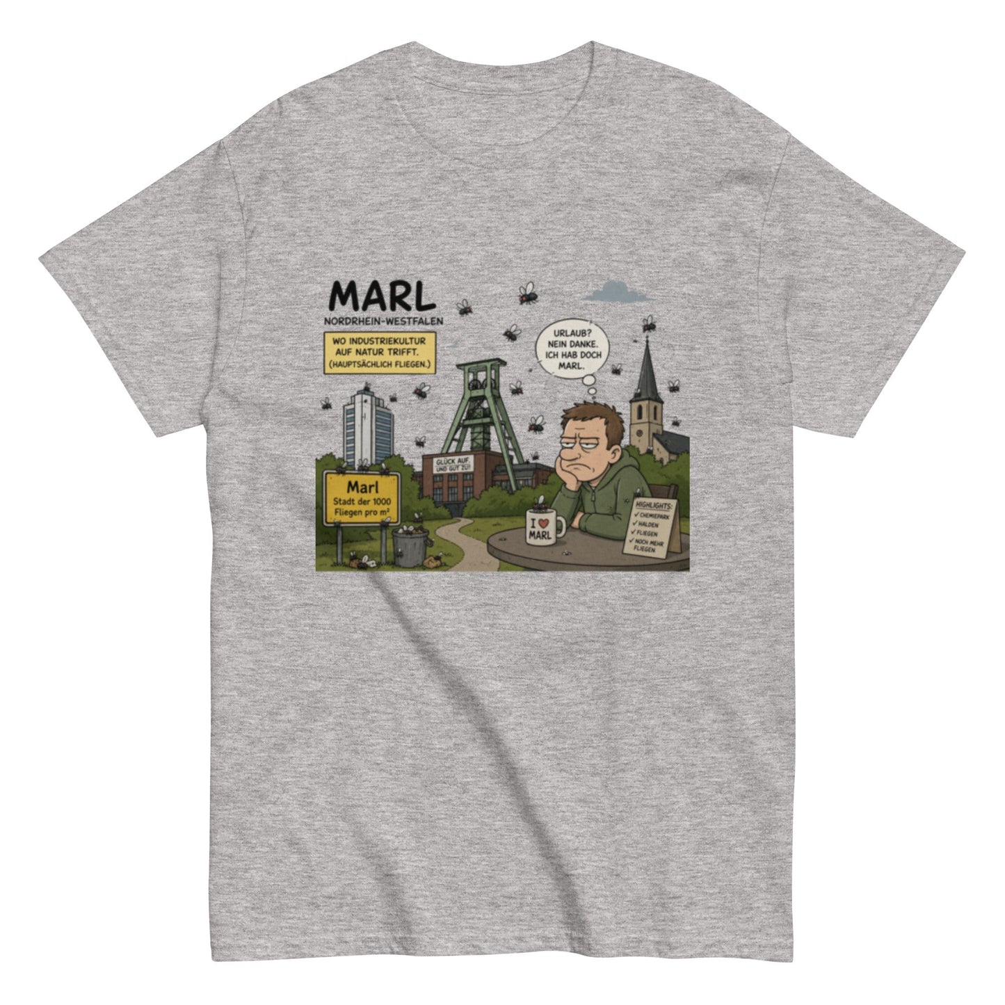 Marl Fliegenplage T-Shirt – Sarkastisches Ruhrpott Comic Design aus NRW, Herren, Frauen, Unisex T-Shirt - SprücheKüche - Druckfrisch & frech