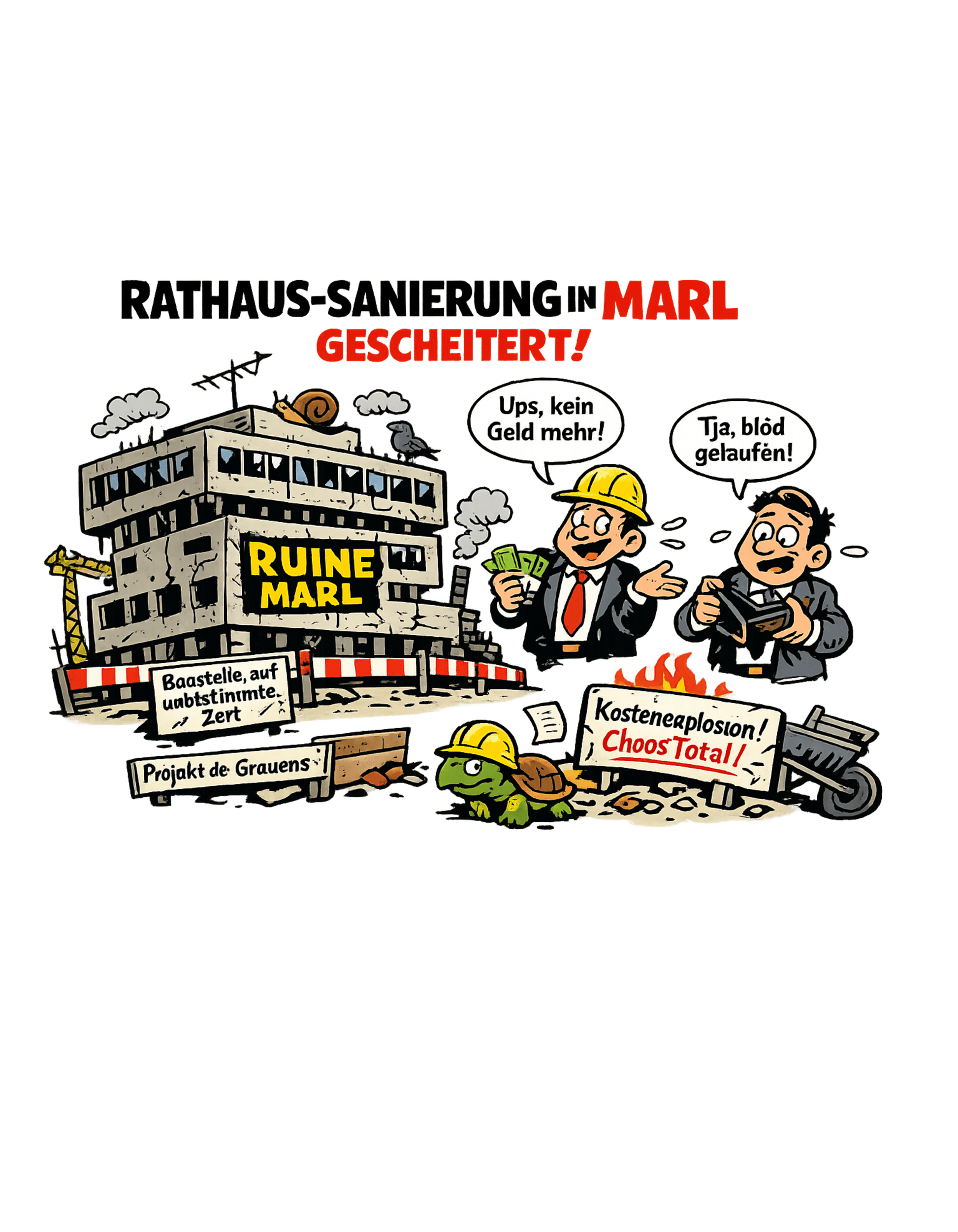 Marl Rathaus Sanierung – Sarkastisches Comic Unisex T-Shirt - SprücheKüche - Druckfrisch & frech