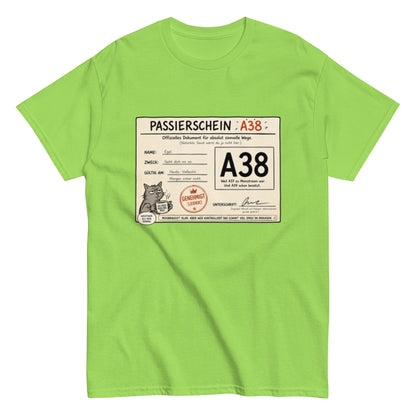 Passierschein A38 – Das offiziell inoffizielle Ticket nach draußen 😄, Lustiges T-Shirt, Herren, Frauen, Unisex T-Shirt - SprücheKüche - Druckfrisch & frech