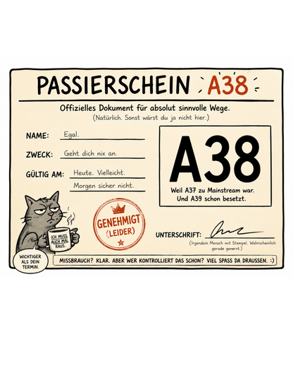 Passierschein A38 – Das offiziell inoffizielle Ticket nach draußen 😄, Lustiges T-Shirt, Herren, Frauen, Unisex T-Shirt - SprücheKüche - Druckfrisch & frech