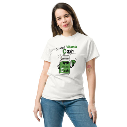 Lustiges I Need Vitamin Cash T-Shirt mit grünem Cartoon und Geldmotiv