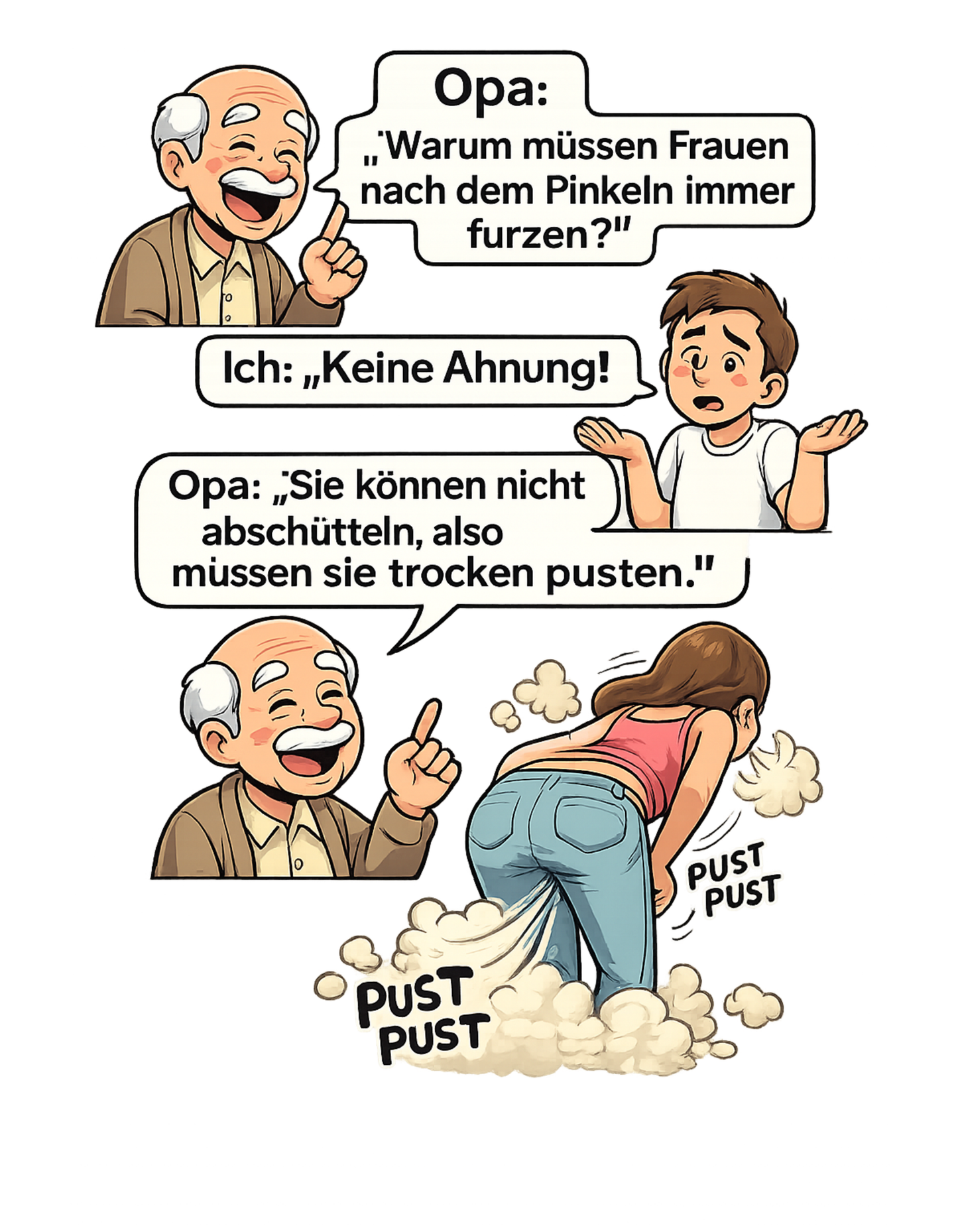 Warum müssen Frauen nachdem Pinkeln furzen? Lustiges Unisex T-Shirt