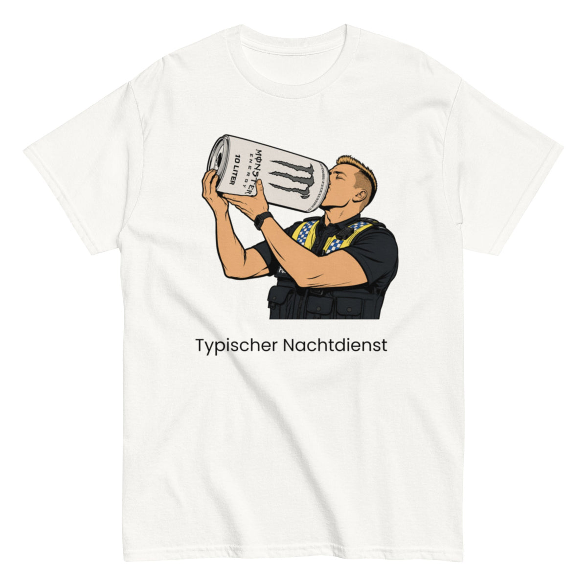 Lustiges Polizei T-Shirt mit Polizist im Nachtdienst und Energy-Motiv