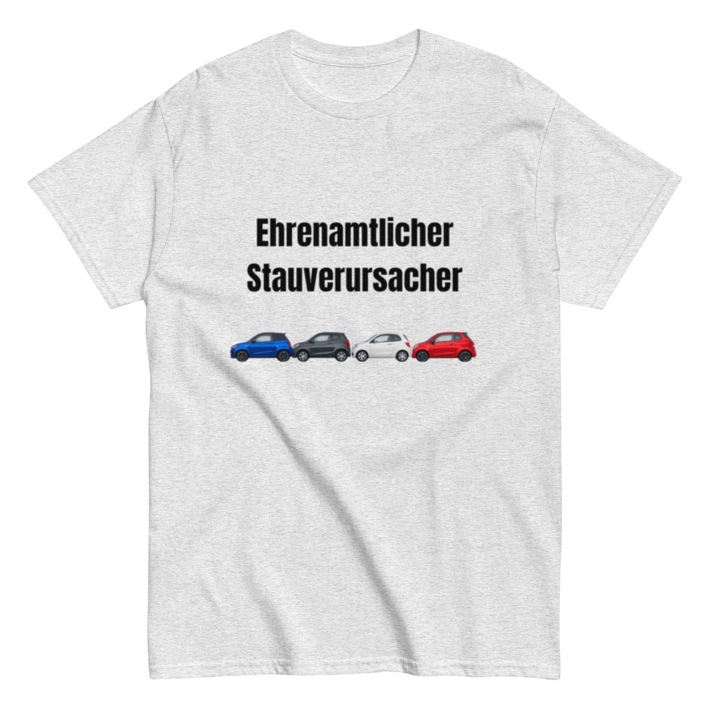 Lustiges T-Shirt mit dem Spruch „Ehrenamtlicher Stauverursacher“ und einer Reihe kleiner Microcars.