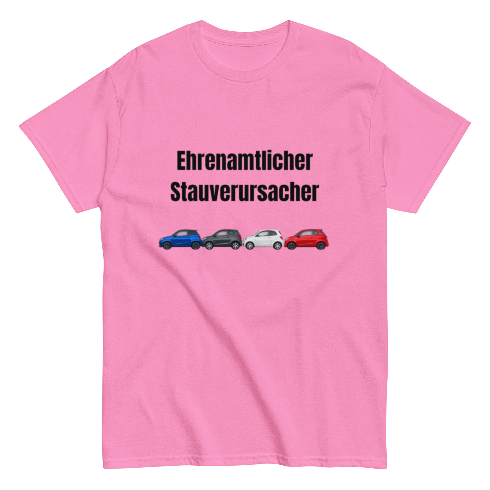 Lustiges T-Shirt mit dem Spruch „Ehrenamtlicher Stauverursacher“ und einer Reihe kleiner Microcars.