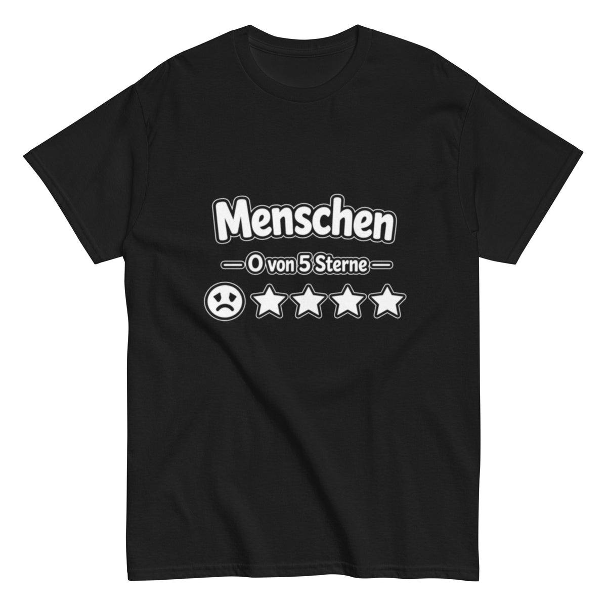Schwarzes T-Shirt Motiv Menschen 0 von 5 Sterne mit traurigem Smiley und vier leeren Sternen