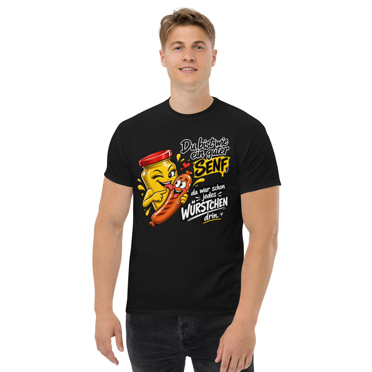 Lustiges Senf und Wurst T-Shirt mit frechem Spruch und Comic-Motiv