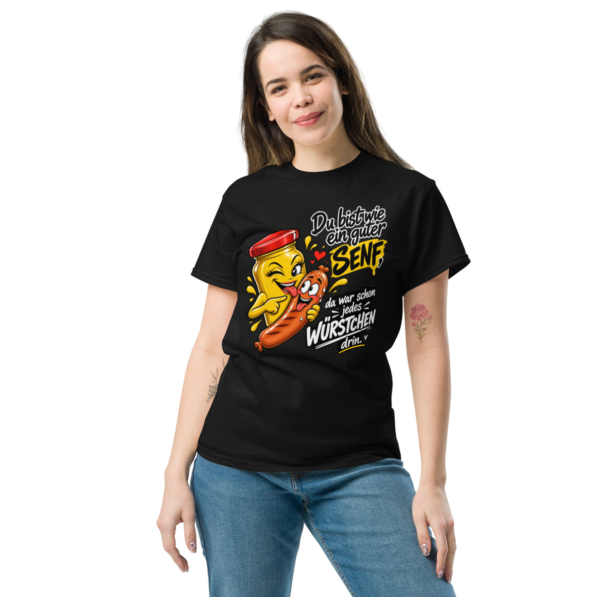 Lustiges Senf und Wurst T-Shirt mit frechem Spruch und Comic-Motiv