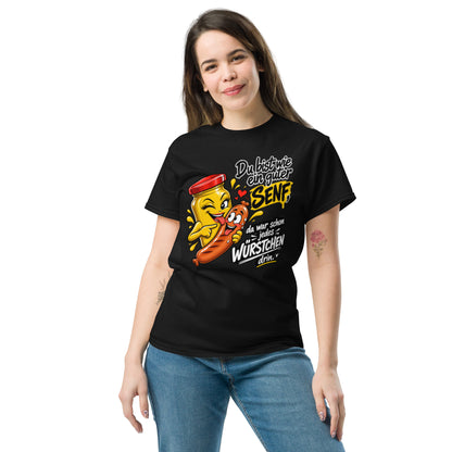 Lustiges Senf und Wurst T-Shirt mit frechem Spruch und Comic-Motiv