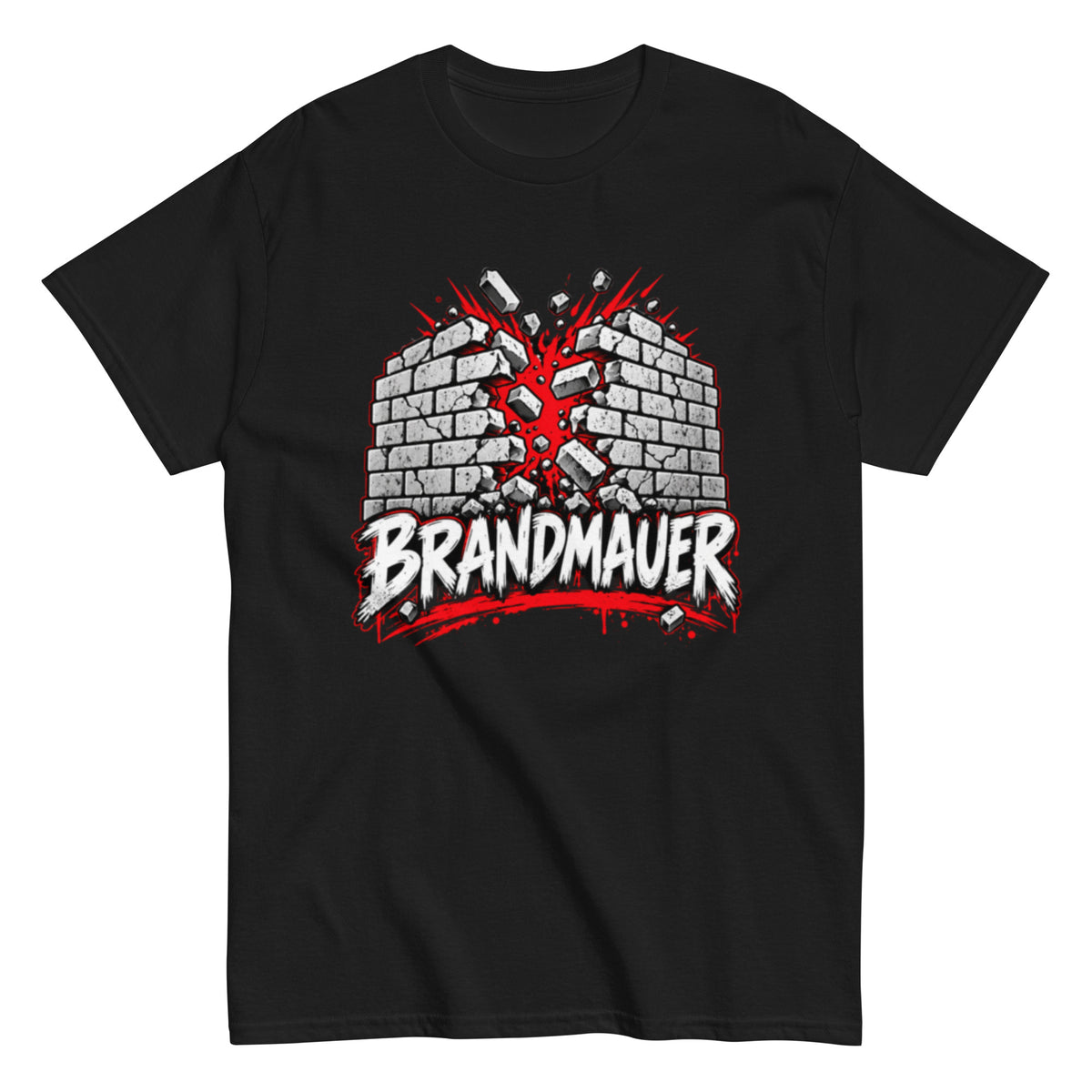 T-Shirt mit dem Schriftzug „BRANDMAUER“ und einem aufbrechenden Mauer-Motiv in Schwarz, Weiß und Rot