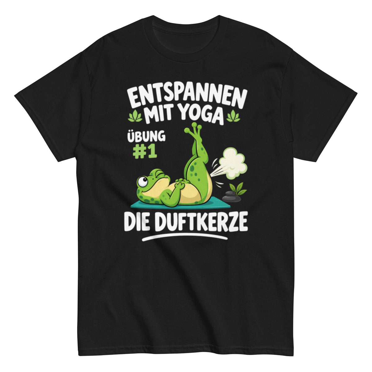 Lustiges Yoga-T-Shirt mit Frosch und dem Spruch „Entspannen mit Yoga – Übung #1: Die Duftkerze“.