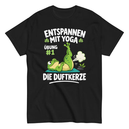 Lustiges Yoga-T-Shirt mit Frosch und dem Spruch „Entspannen mit Yoga – Übung #1: Die Duftkerze“.