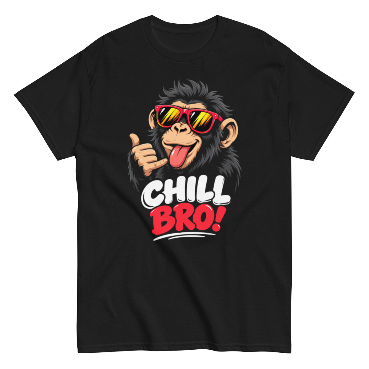 Lustiges schwarzes T-Shirt mit CHILL BRO Spruch und coolem Affen-Motiv