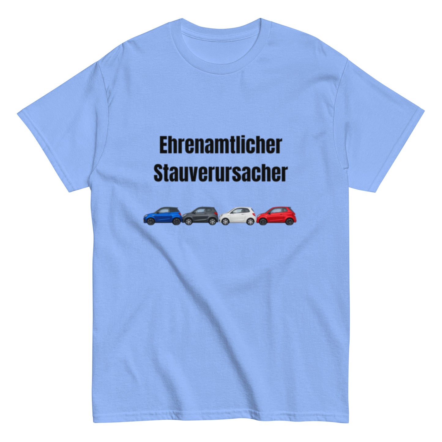 Lustiges T-Shirt mit dem Spruch „Ehrenamtlicher Stauverursacher“ und einer Reihe kleiner Microcars.