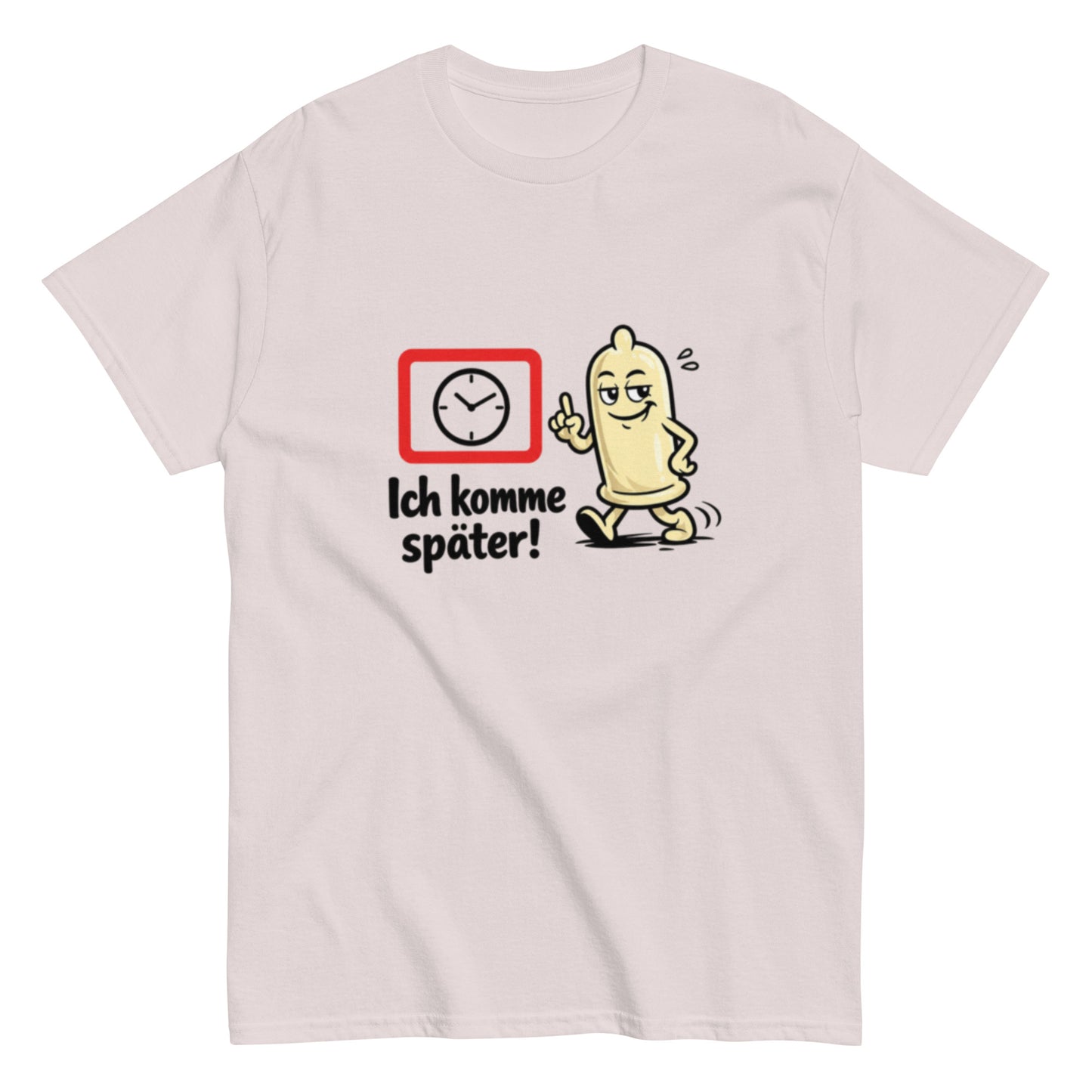 Lustiges T-Shirt mit laufendem Kondom und dem Spruch Ich komme später