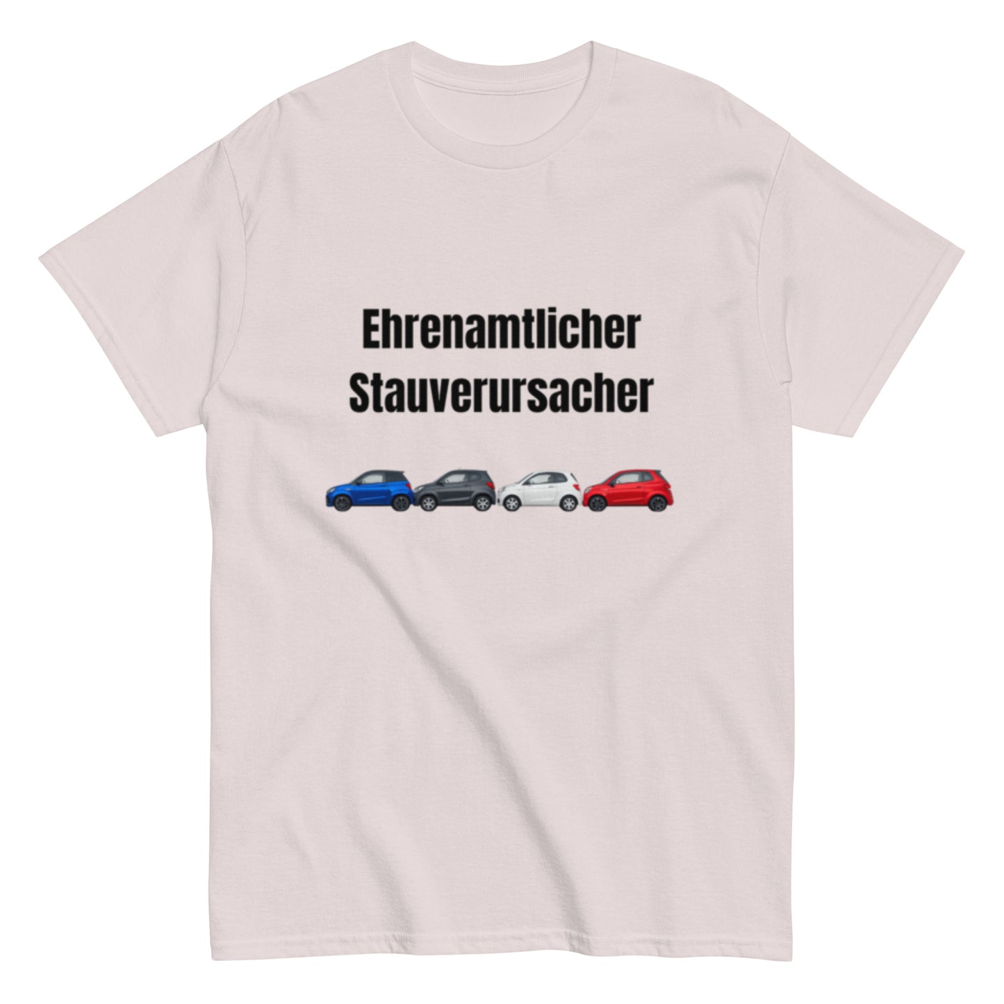 Lustiges T-Shirt mit dem Spruch „Ehrenamtlicher Stauverursacher“ und einer Reihe kleiner Microcars.