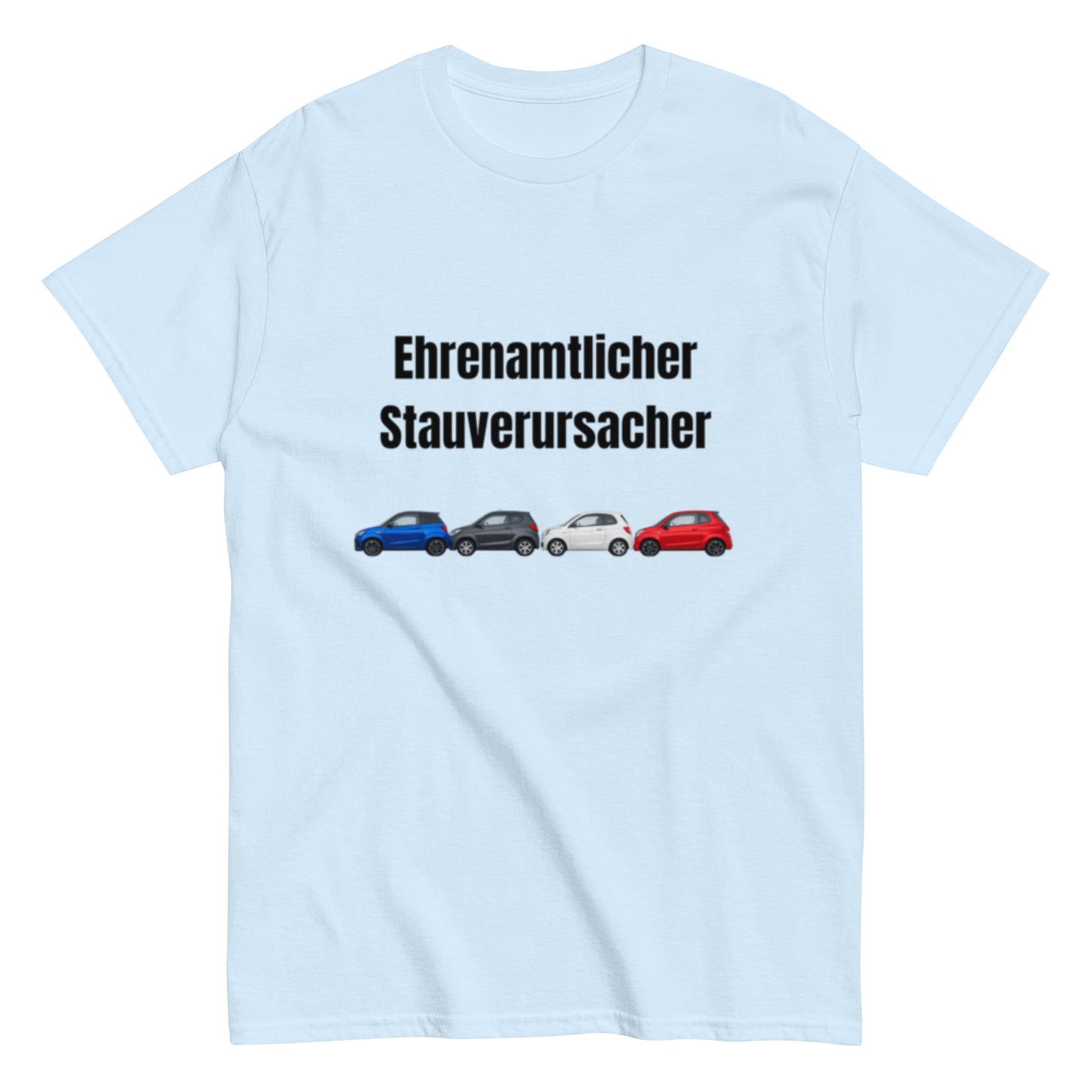Lustiges T-Shirt mit dem Spruch „Ehrenamtlicher Stauverursacher“ und einer Reihe kleiner Microcars.