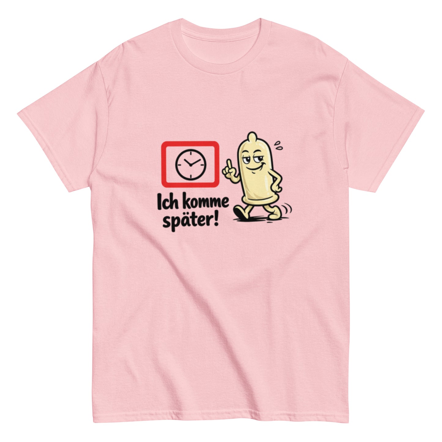 Lustiges T-Shirt mit laufendem Kondom und dem Spruch Ich komme später