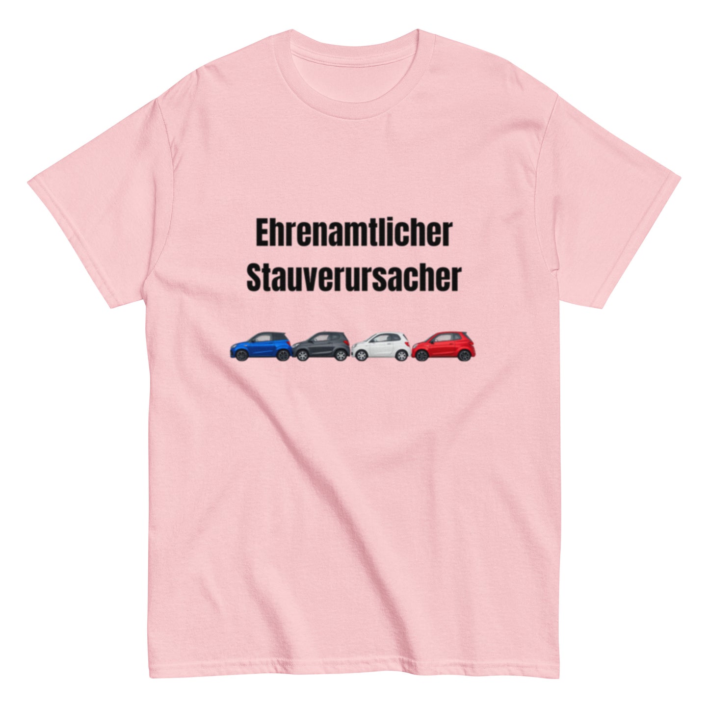 Lustiges T-Shirt mit dem Spruch „Ehrenamtlicher Stauverursacher“ und einer Reihe kleiner Microcars.