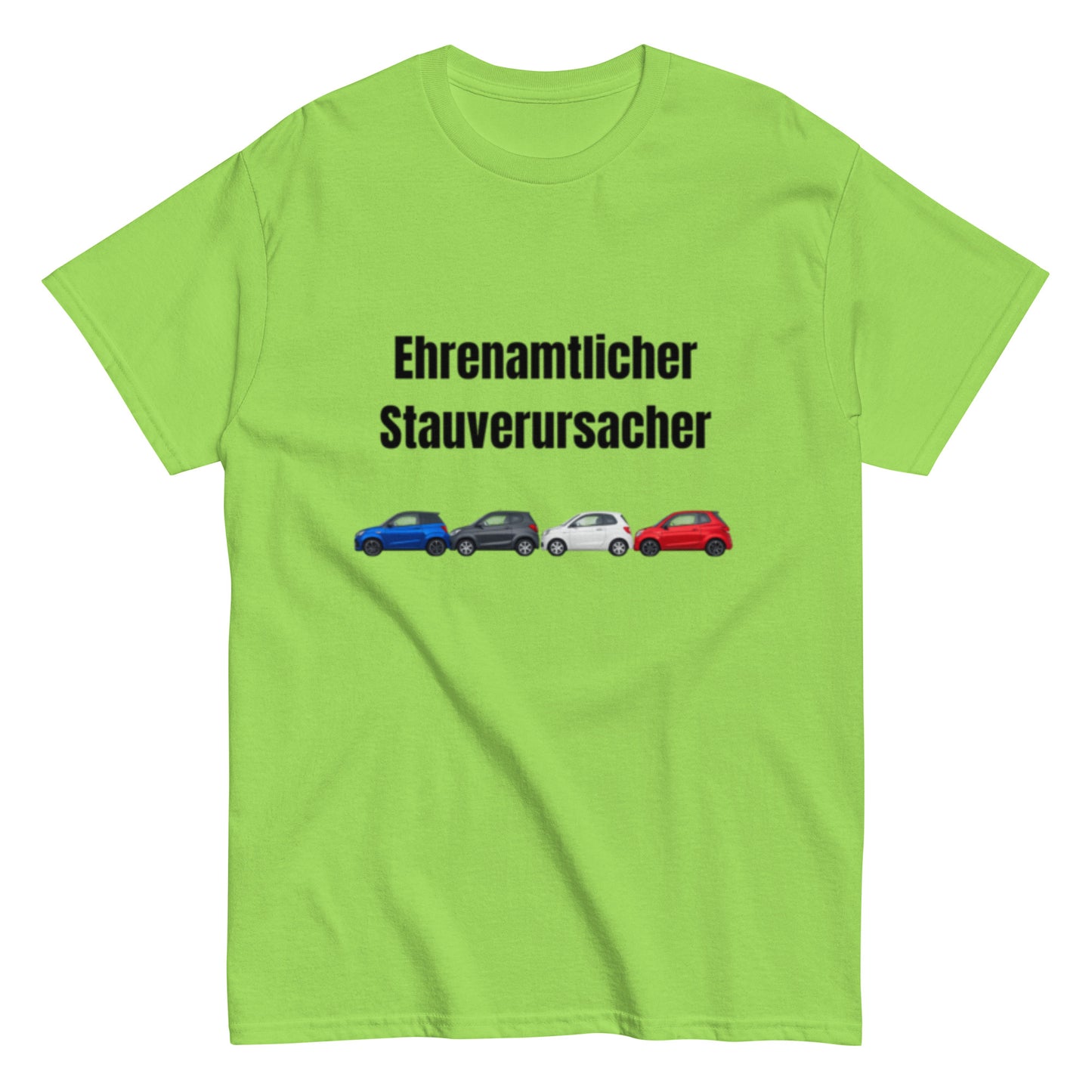 Lustiges T-Shirt mit dem Spruch „Ehrenamtlicher Stauverursacher“ und einer Reihe kleiner Microcars.
