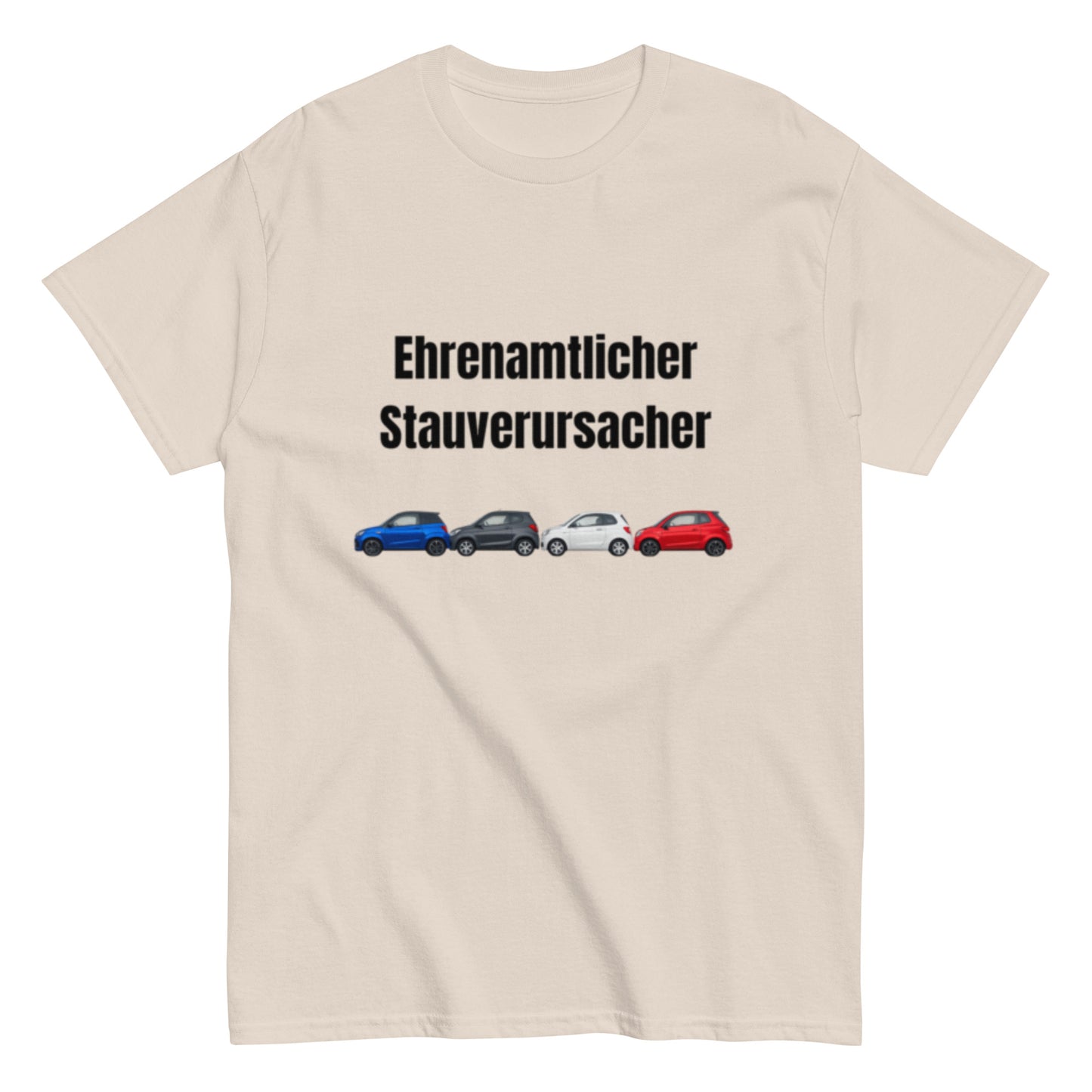 Lustiges T-Shirt mit dem Spruch „Ehrenamtlicher Stauverursacher“ und einer Reihe kleiner Microcars.