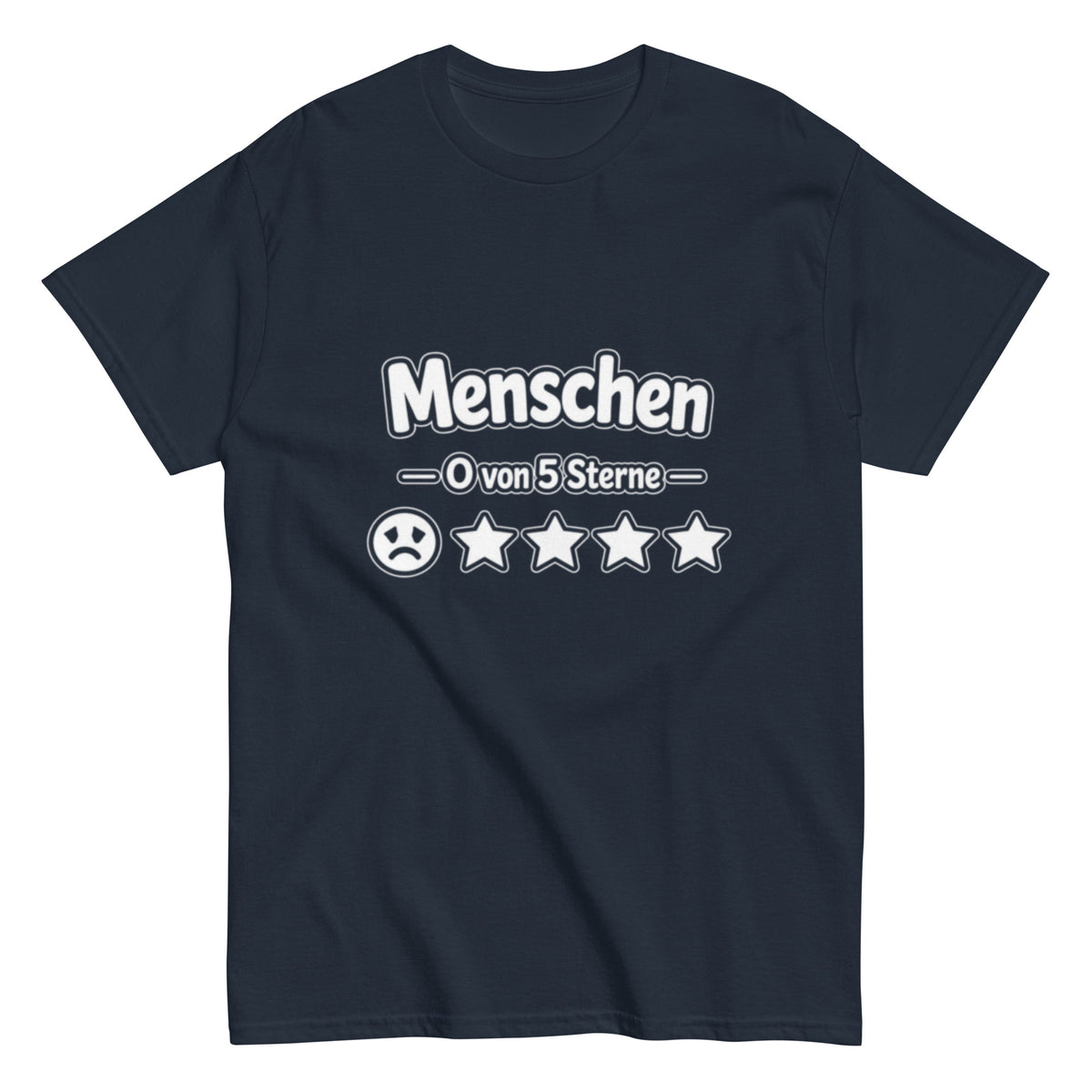 Schwarzes T-Shirt Motiv Menschen 0 von 5 Sterne mit traurigem Smiley und vier leeren Sternen