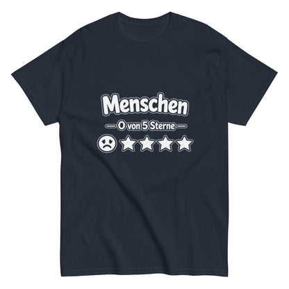 Schwarzes T-Shirt Motiv Menschen 0 von 5 Sterne mit traurigem Smiley und vier leeren Sternen